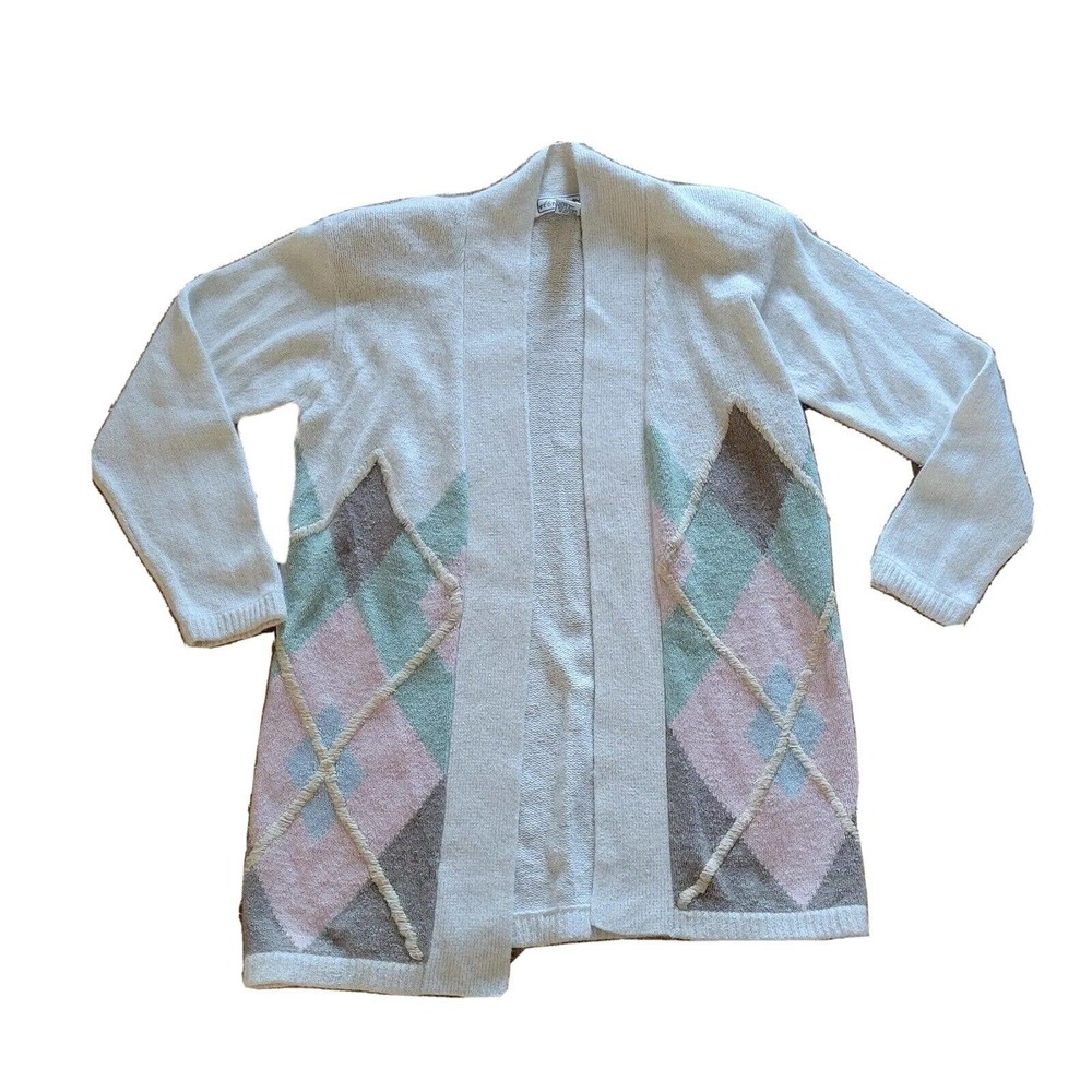 Stone Canyon Cardigan Sweater Top Womens Medium White Argyle Angora Silk 80s